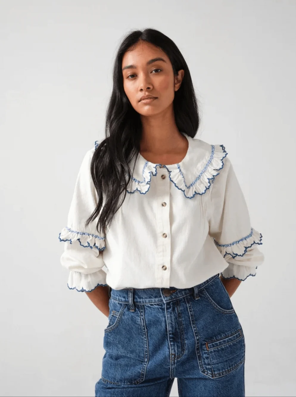 seventy + mochi | Phoebe Blouse In Ecru/Electric Blue - Picture 13 of 15